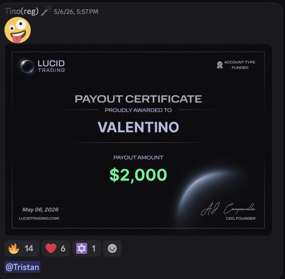 Lucid Trading payout certificate for Valentino — $2,000