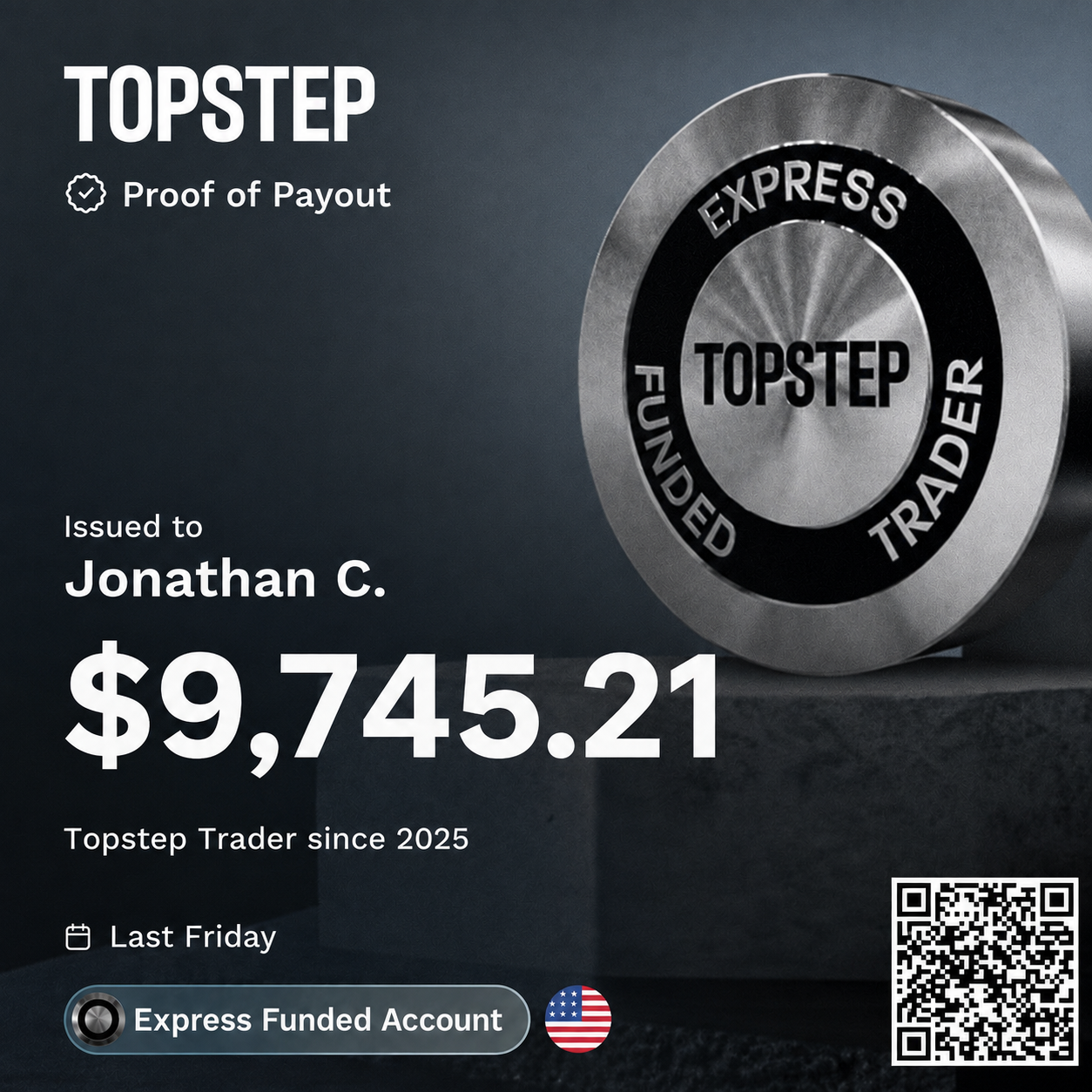 Topstep proof of payout for Jonathan C. — $9,745.21