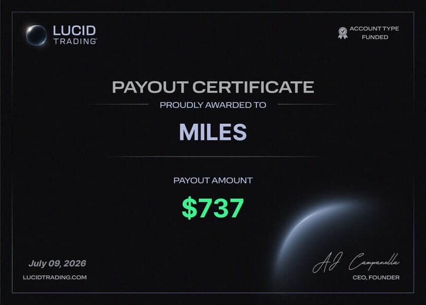 Lucid Trading payout certificate for Miles — $737