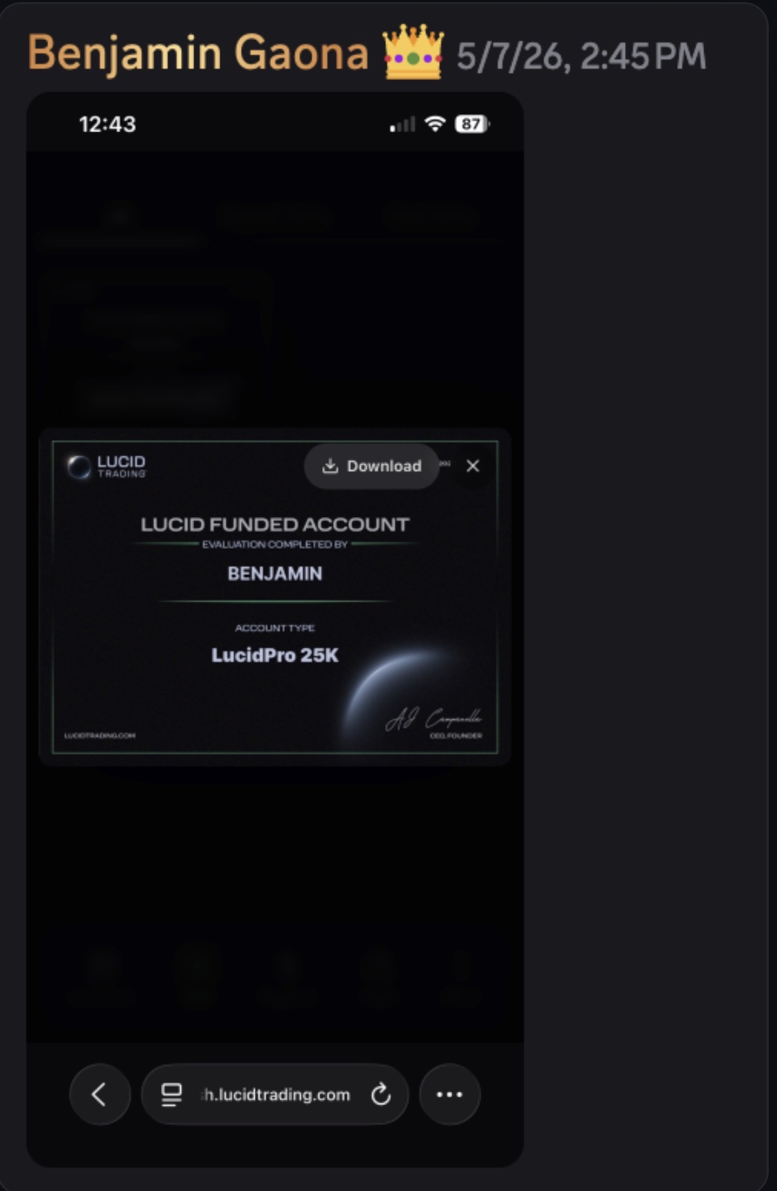 Lucid funded account evaluation completed for Benjamin — LucidPro 25K
