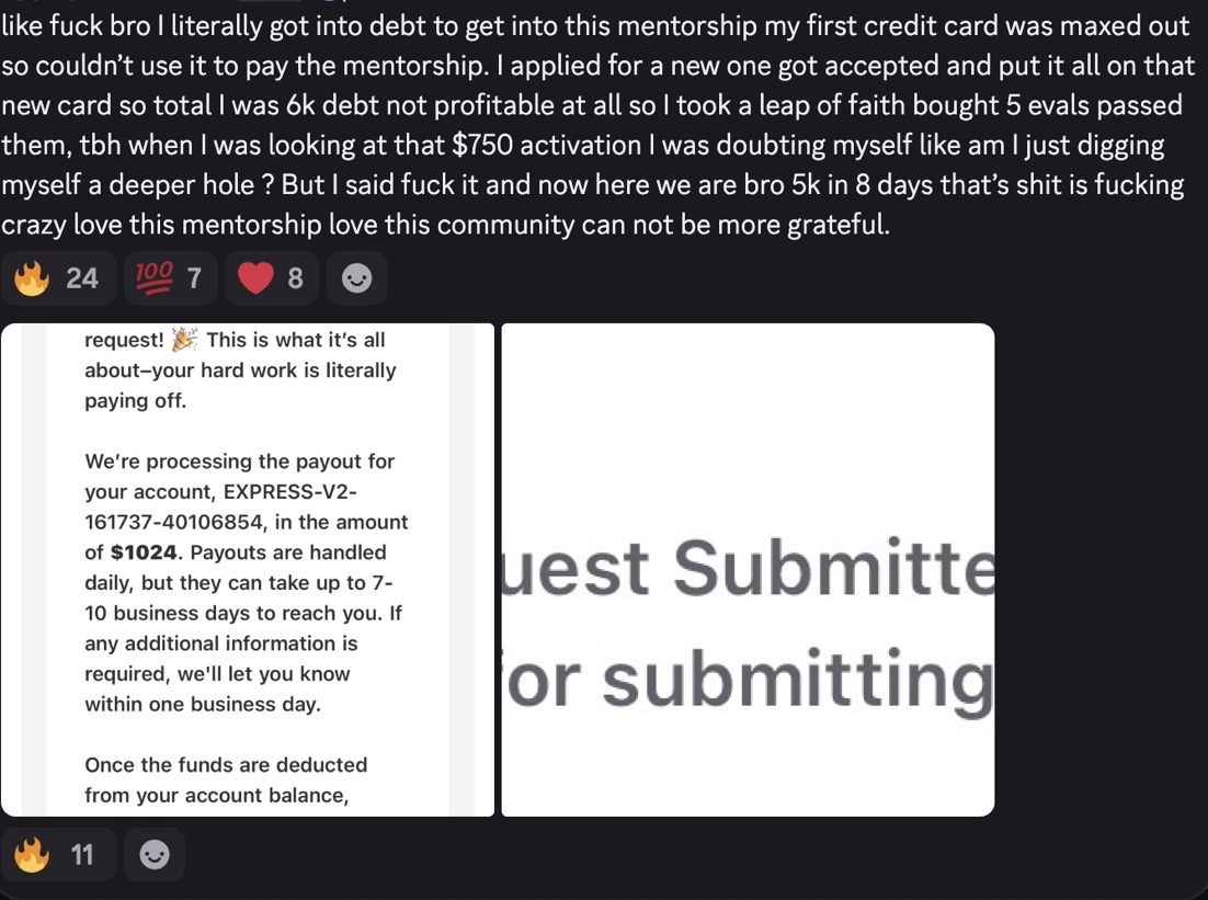 Trader posting a $1,024 payout after climbing out of debt