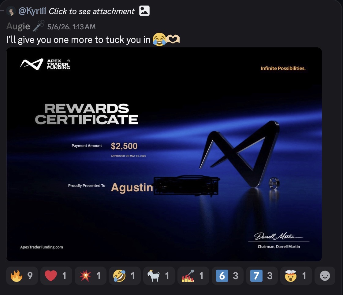 Apex Trader Funding rewards certificate for Agustin — $2,500